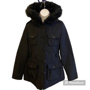 ❤️SOLD Banana Republic Womens Size M Black Down Jacket Winter Coat Hooded Faux